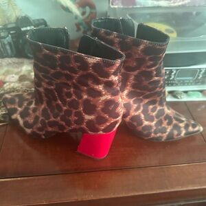 Betsey Johnson Leopard Ankle Boots with Vibrant Red Heel